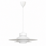 A modern white pendant light fixture with a wide, layered disc shade and a matching white ceiling canopy and cord, shown against a solid white background.