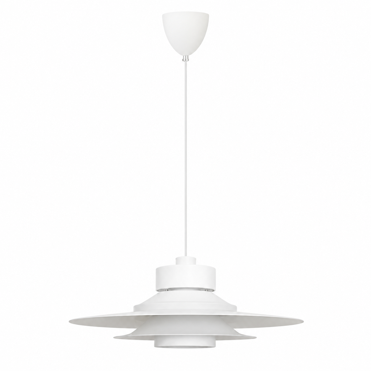 A modern white pendant light fixture with a wide, layered disc shade and a matching white ceiling canopy and cord, shown against a solid white background.
