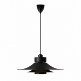 A modern black pendant light fixture with a wide, layered conical shade, a central hub, a long straight suspension rod, and a top canopy, shown against a plain white background.