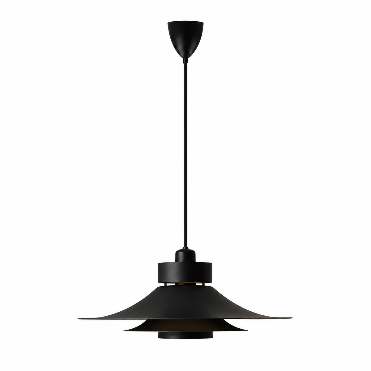 A modern black pendant light fixture with a wide, layered conical shade, a central hub, a long straight suspension rod, and a top canopy, shown against a plain white background.