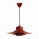 A modern red pendant light fixture with a wide, layered metal shade, a black hanging stem, and a matching red ceiling canopy, shown against a solid white background.