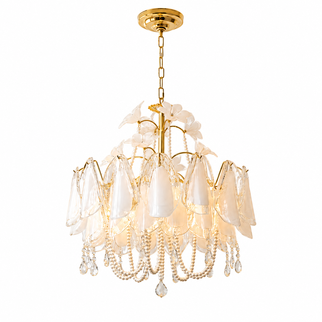 A gold and white chandelier with white glass teardrop shades, clear glass bead strands, and hanging crystal drops, shown against a plain white background.