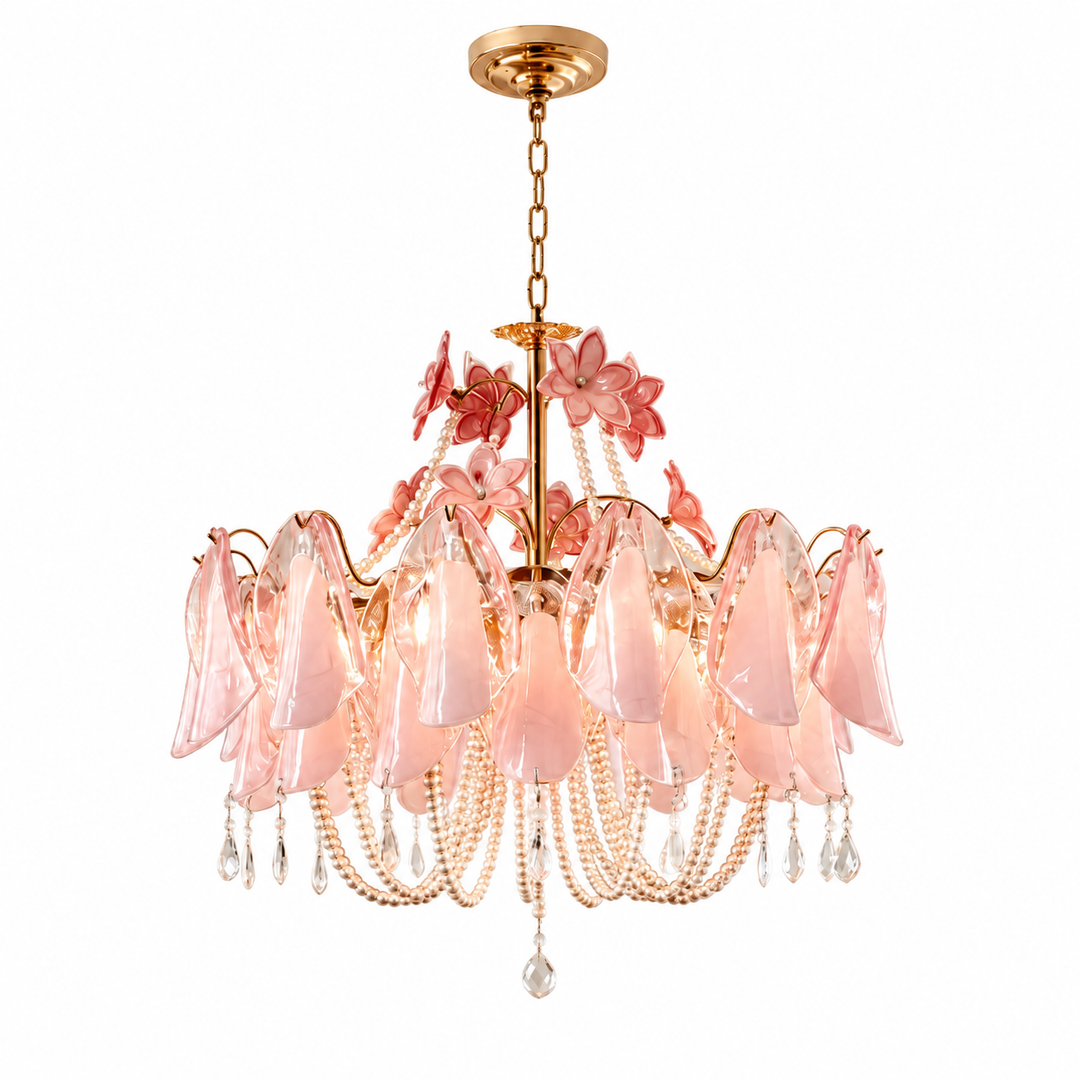 A pink glass chandelier with a gold metal frame, hanging chain, floral accents, and dangling crystal-like beads and teardrop pendants, shown on a plain white background.