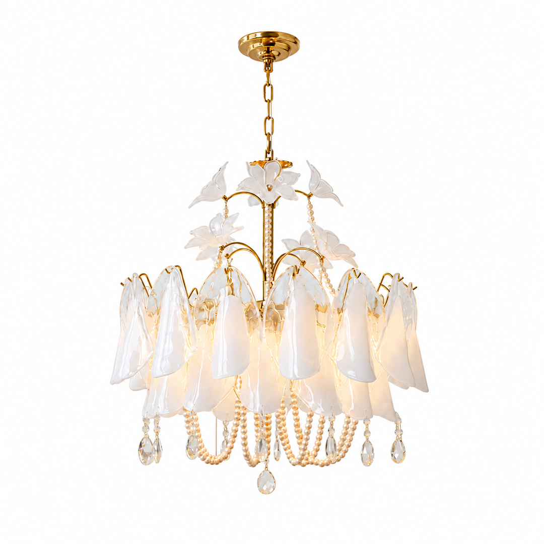 A multi-light chandelier with a gold-finished metal frame, white translucent bell-shaped glass shades, and hanging crystal drops, shown against a plain white background.