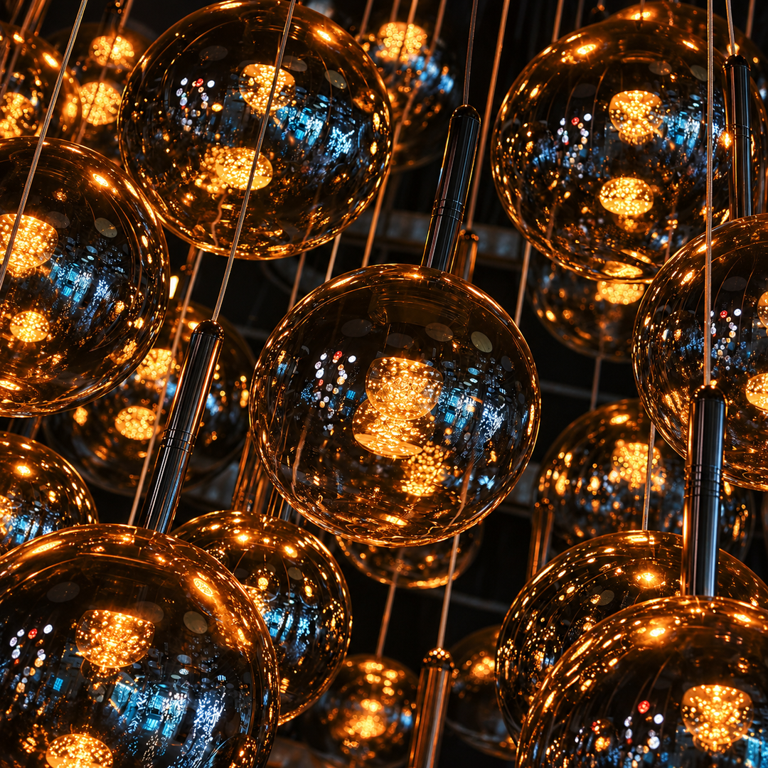 A close-up of multiple hanging metallic glass chandelier globes glowing with warm amber light against a dark background.