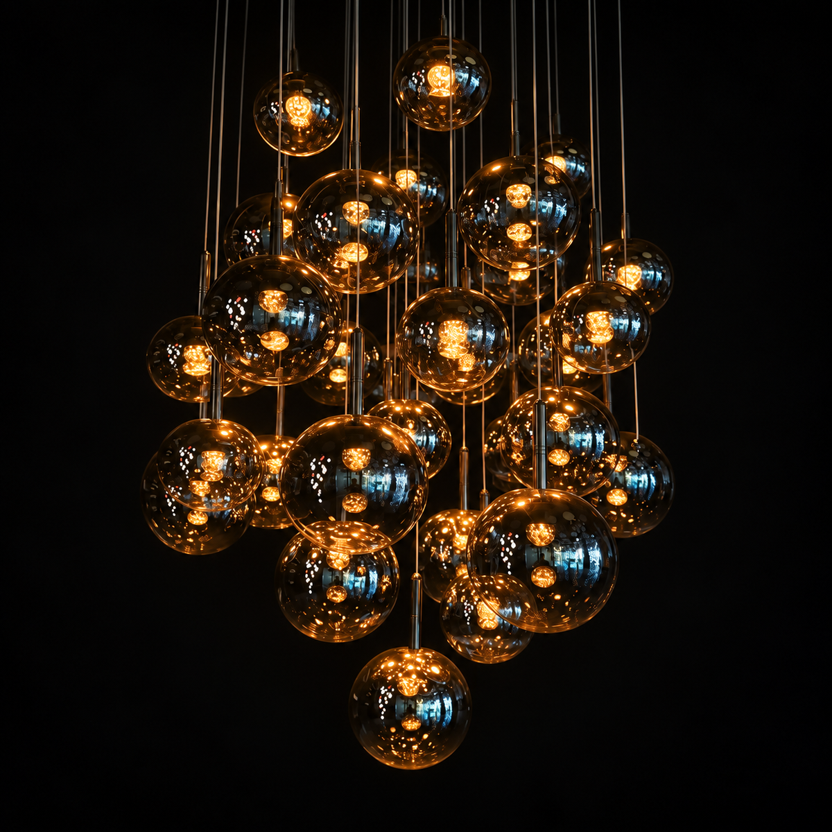Chandelier with reflective amber-tinted globes and warm glowing lights suspended at varied heights against a black background.