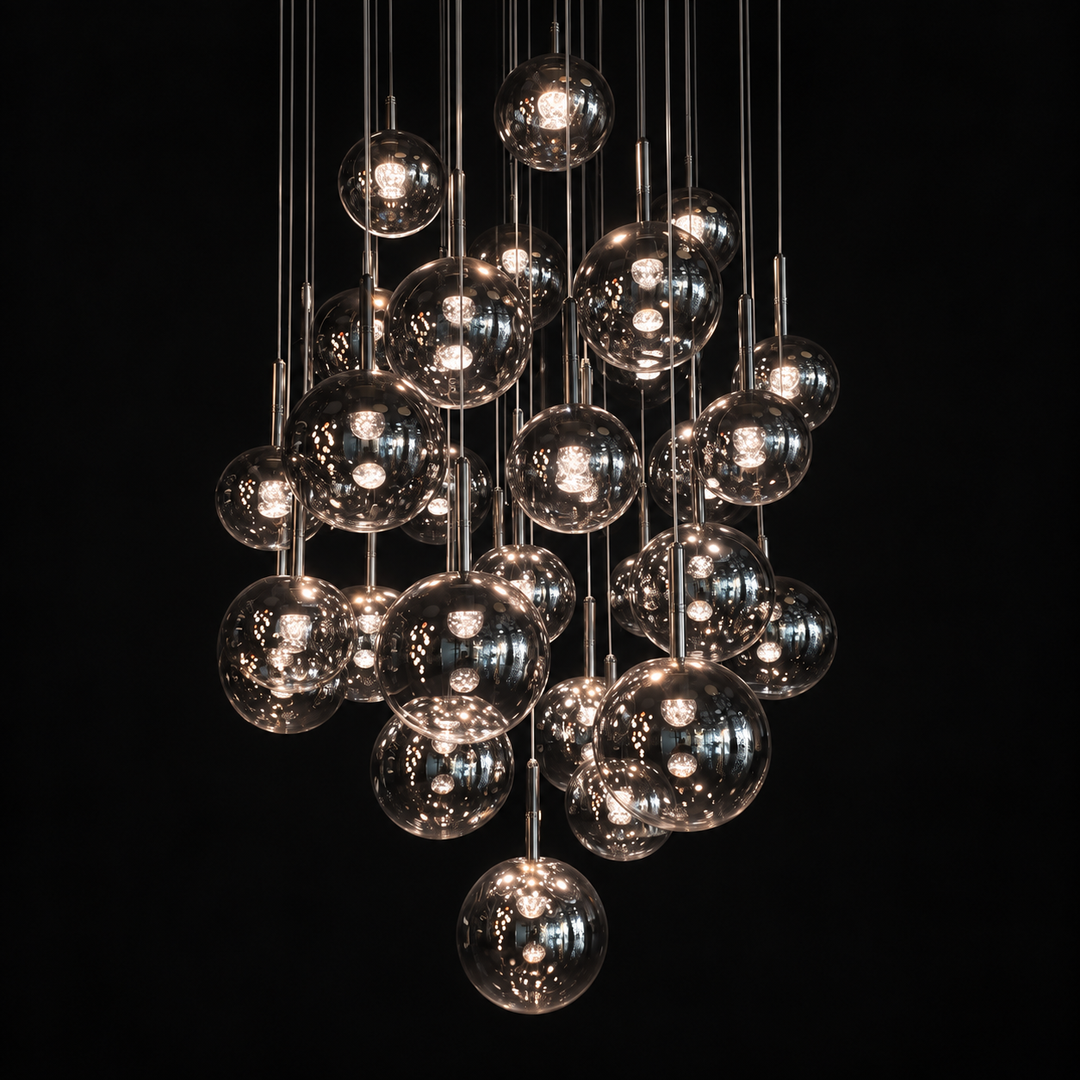 A modern chandelier featuring multiple clear glass spherical pendant lights of varying sizes, suspended from thin metal rods against a solid black background.