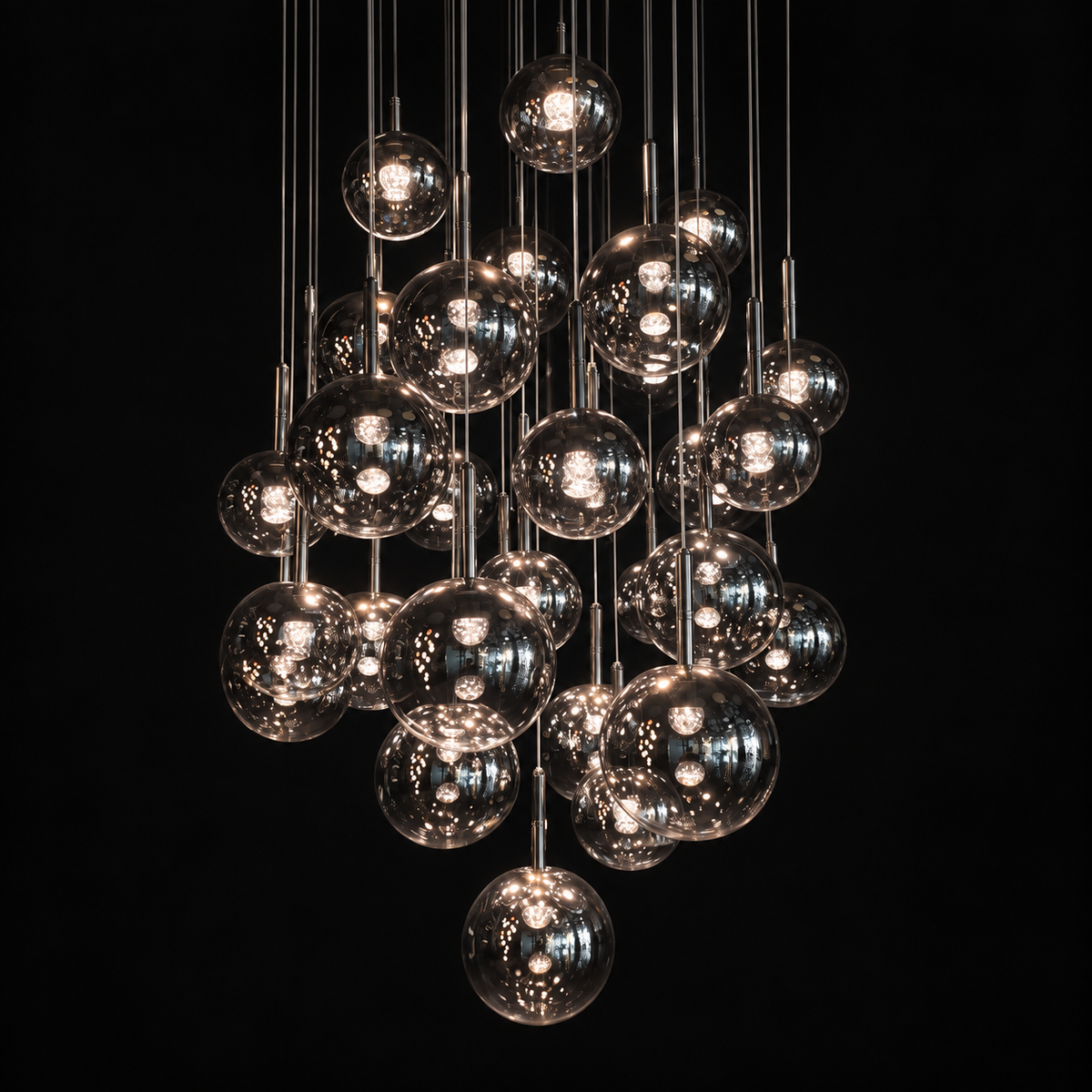 A modern chandelier featuring multiple clear glass spherical pendant lights of varying sizes, suspended from thin metal rods against a solid black background.