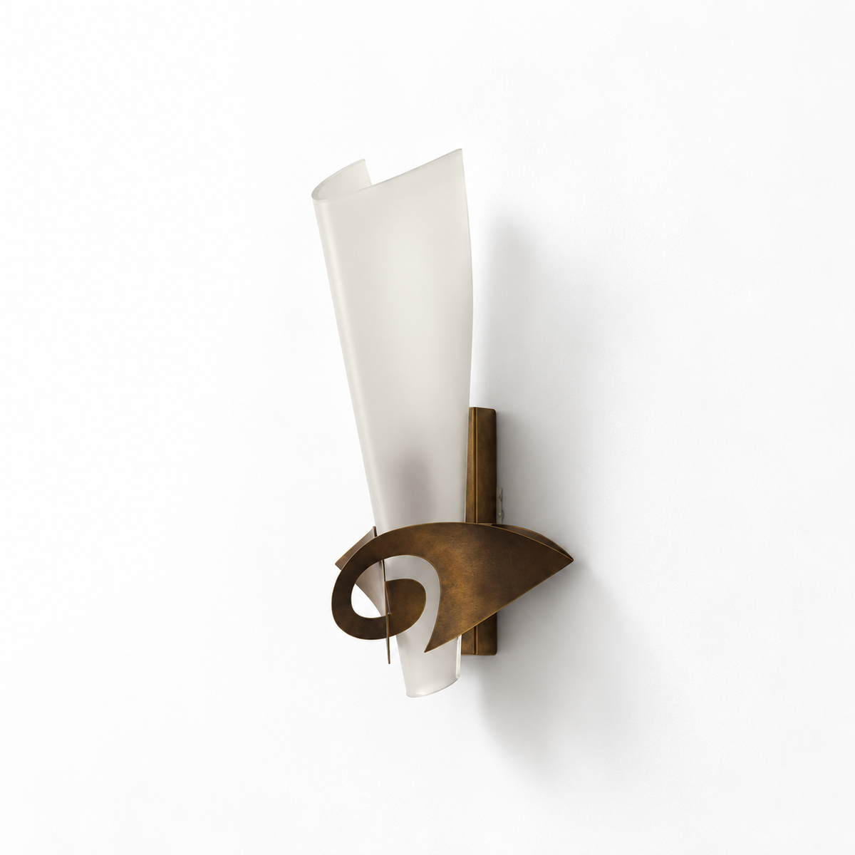 A modern wall sconce light fixture featuring a frosted white glass scroll-shaped shade and an abstract curved bronze metal arm, mounted on a plain white wall.