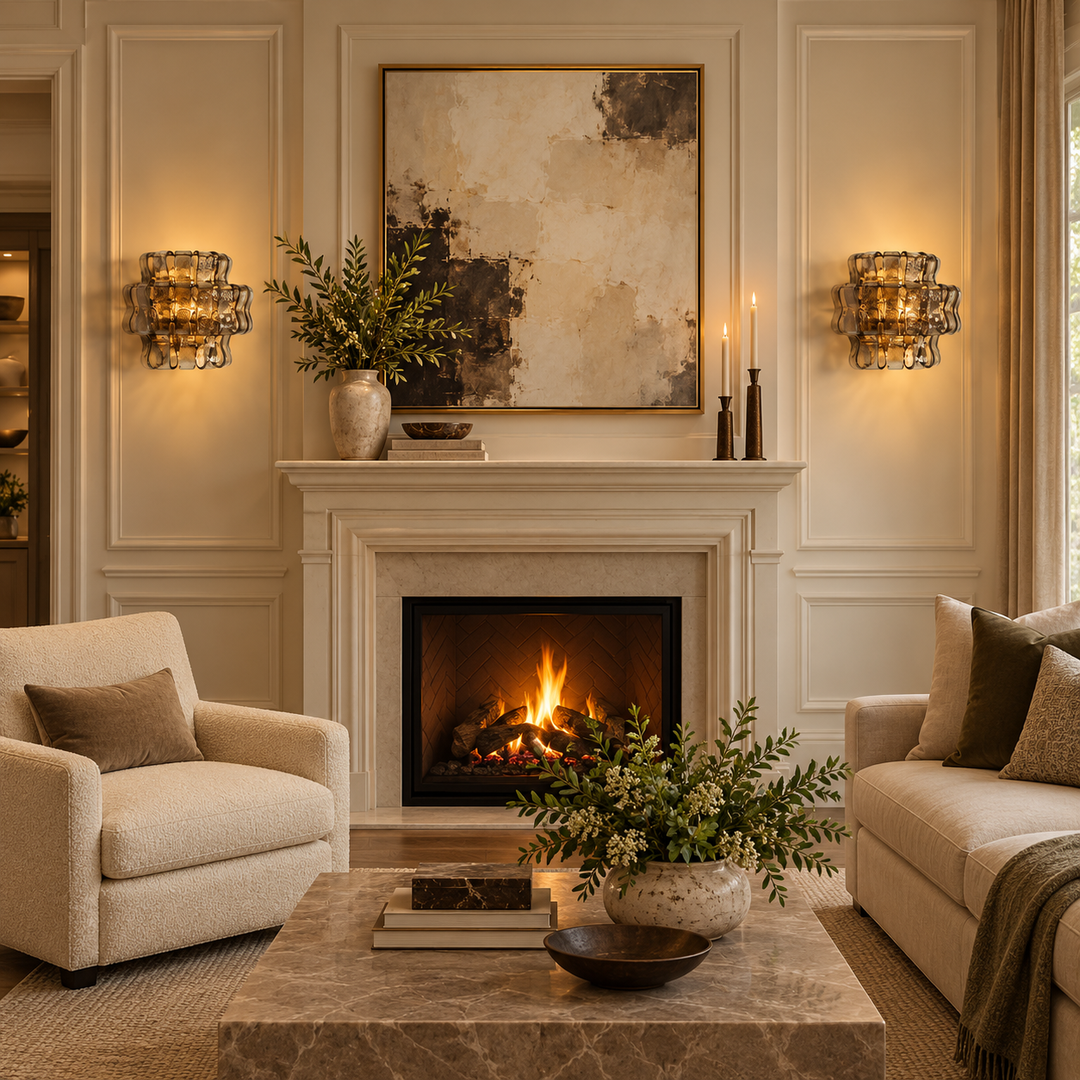 A beautifully styled living room featuring a central fireplace with a warm fire burning inside, flanked by two ornate wall sconces and a large abstract painting above. The room is furnished with cream-colored armchairs, a matching sofa, a marble coffee table with books and a plant, and a neutral beige paneled wall.