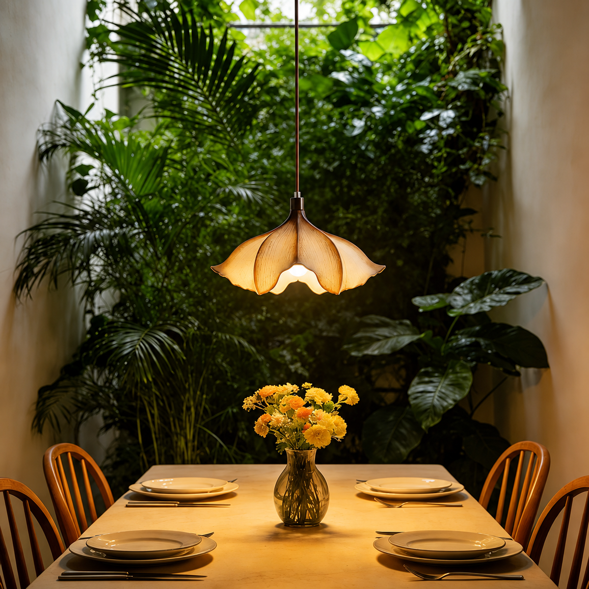 A warm, modern pendant light with a flower-like shade hangs over a dining table set with plates and a vase of yellow flowers, surrounded by wooden chairs and a lush green plant wall.