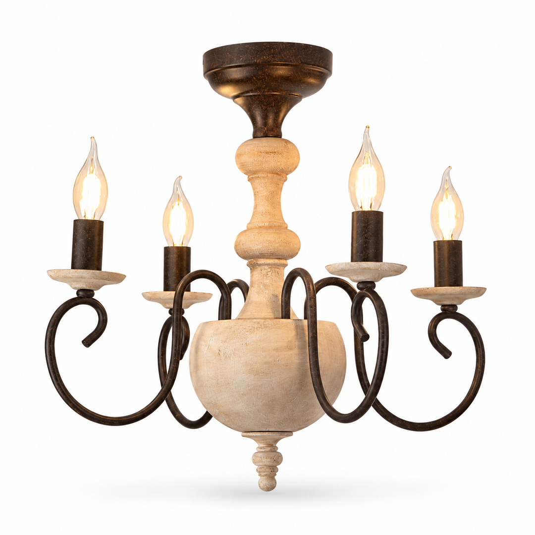A rustic 5-light chandelier featuring a distressed dark brown metal frame with scrollwork arms, a central turned wood stem, and five candle-style bulbs with warm glowing filaments, set against a plain white background.