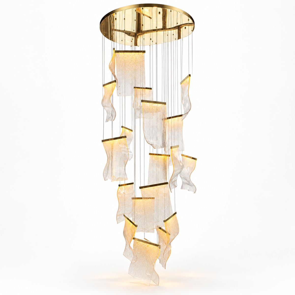 A modern multi-tier chandelier with a circular gold ceiling canopy and cascading translucent white textured panels on a clean white background.