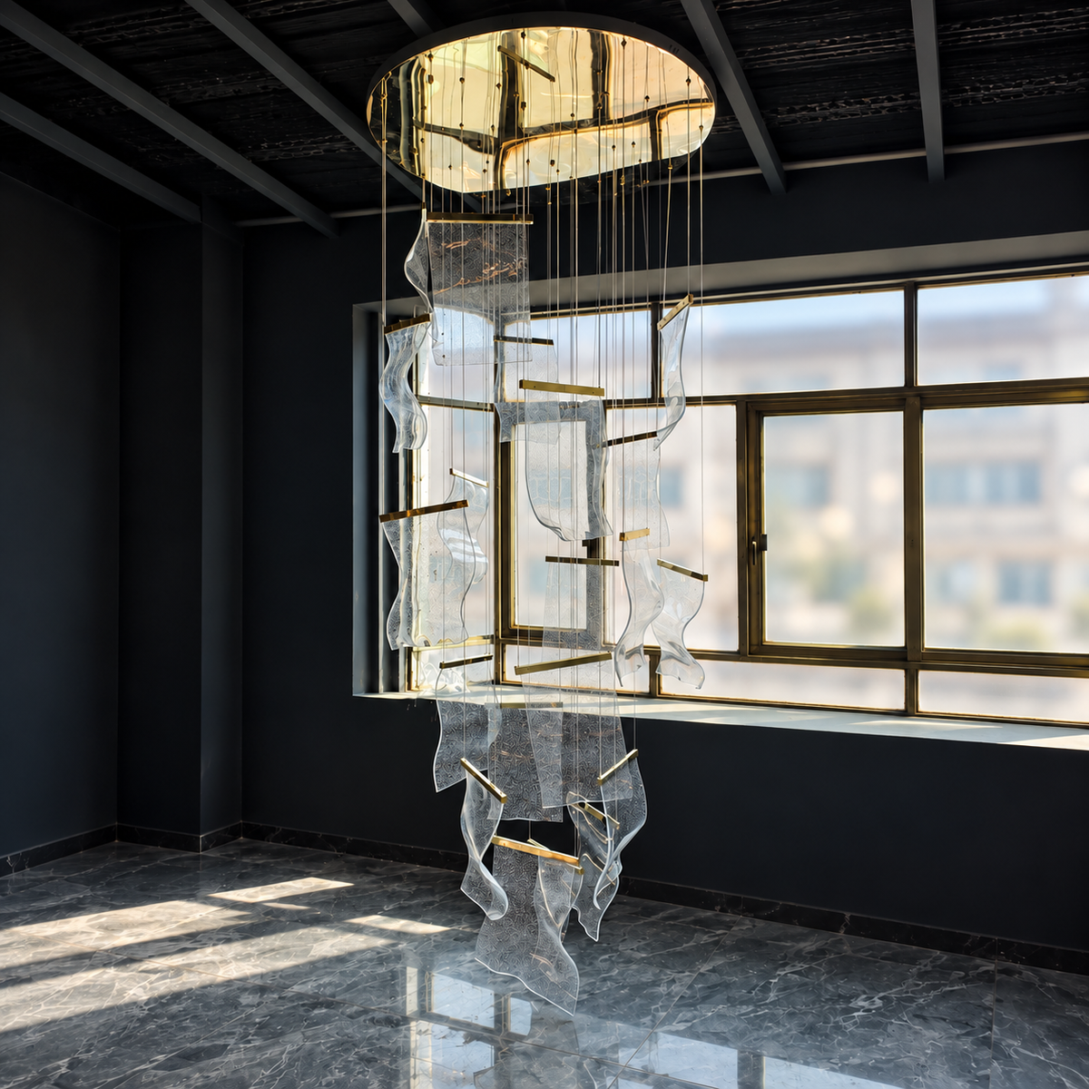 A large modern chandelier with a circular gold-toned top canopy and cascading clear glass or acrylic wave-like panels suspended by thin rods, hanging in a dark interior room with large windows and a marble floor.