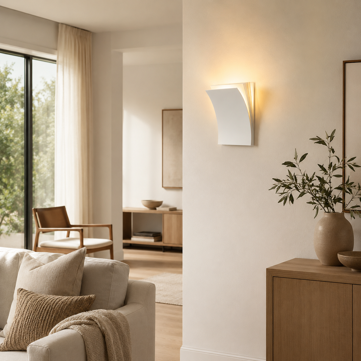 Matte white layered wall sconce casting warm light above a wooden cabinet beside a living room sofa.