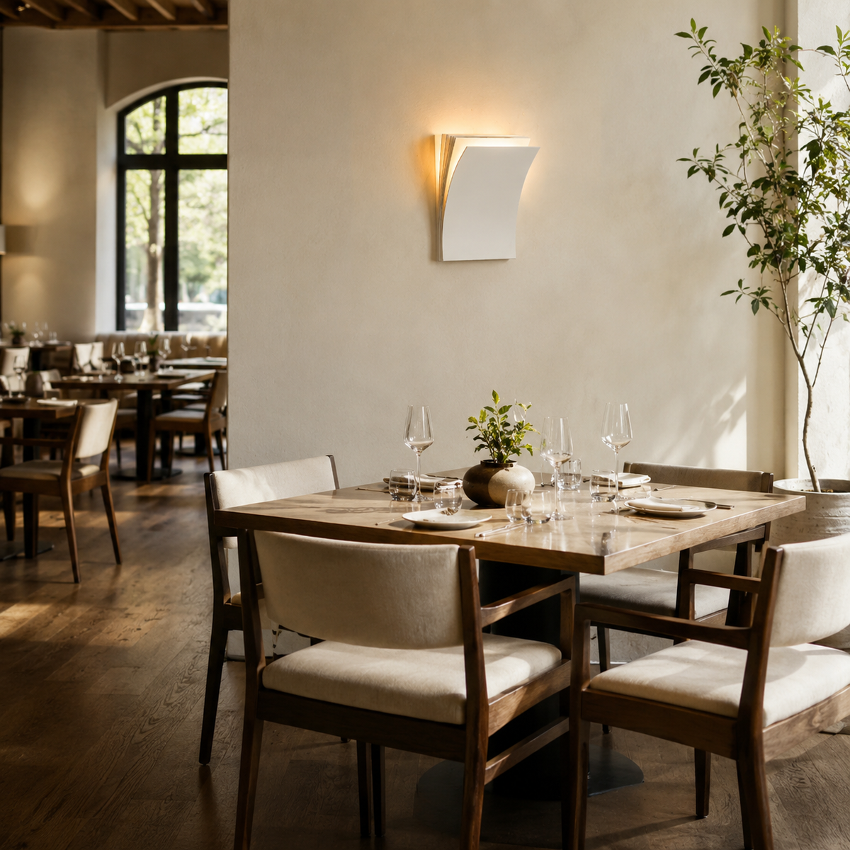 White layered wall sconce glowing on a cream wall above a set dining table with wooden chairs.