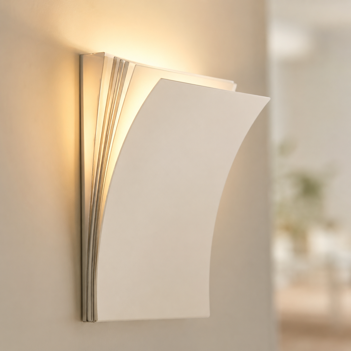 Modern wall sconce with a curved design on a neutral background