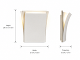 White layered wall sconce on a white background, with front and side views labeled 28 cm high, 21 cm wide, and 12 cm projection.