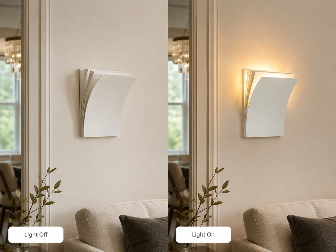 White layered wall sconce beside a mirror and sofa, shown side by side with labels reading Light Off and Light On.
