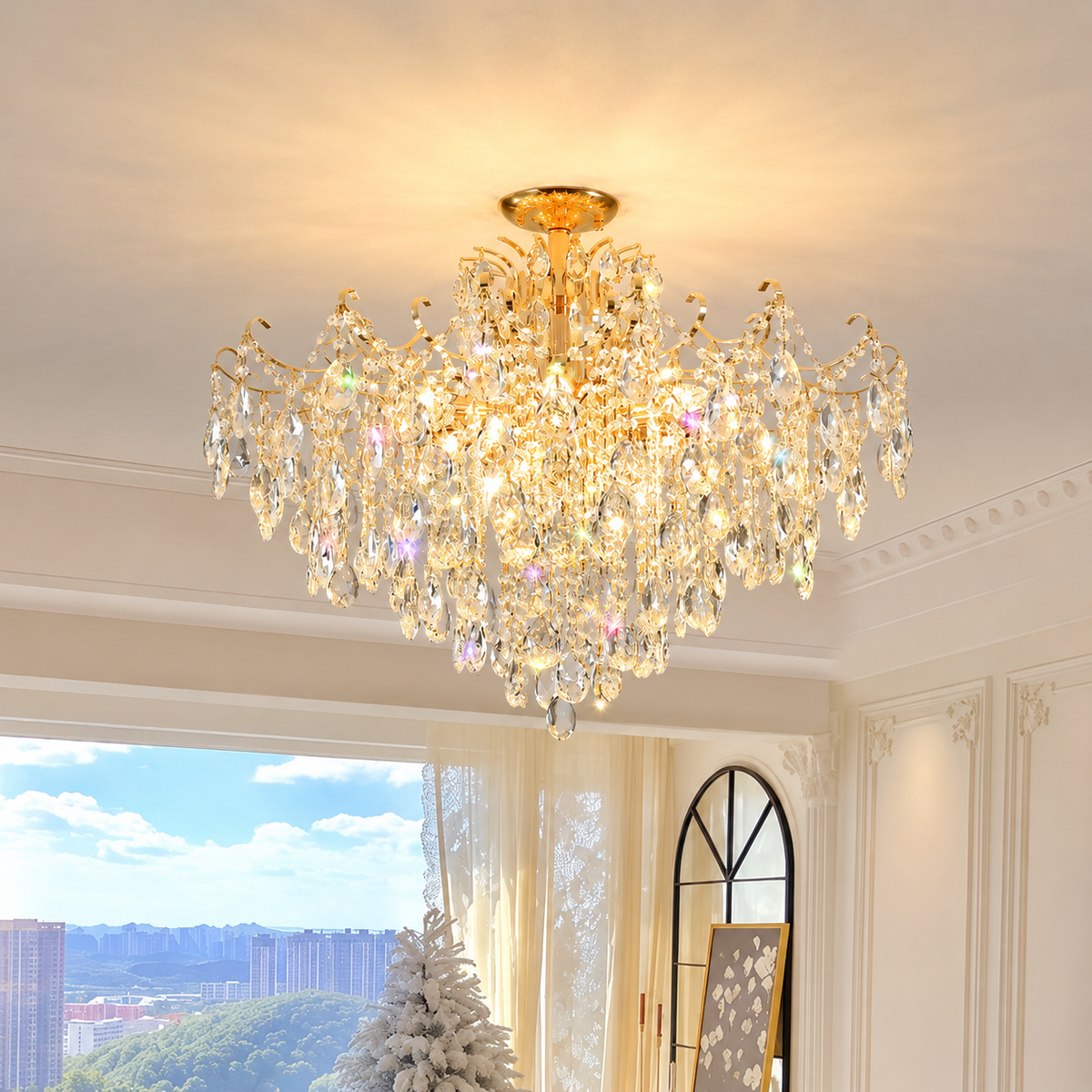 Luxurious crystal chandelier in a room with large windows and a view of trees.