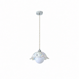 Pendant light with an iridescent scalloped glass shade, white globe, pearl-like chain, and silver ceiling canopy against a white background.
