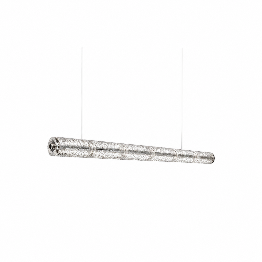 Clear textured glass linear chandelier suspended from two thin cables against a white background.