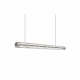 Clear textured glass linear chandelier suspended from two thin cables against a white background.
