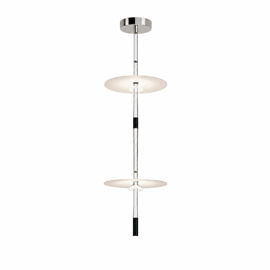 Silver pendant light with two illuminated white diffuser discs, slender vertical rods, and black accents against a white background.