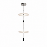 Silver pendant light with two illuminated white diffuser discs, slender vertical rods, and black accents against a white background.