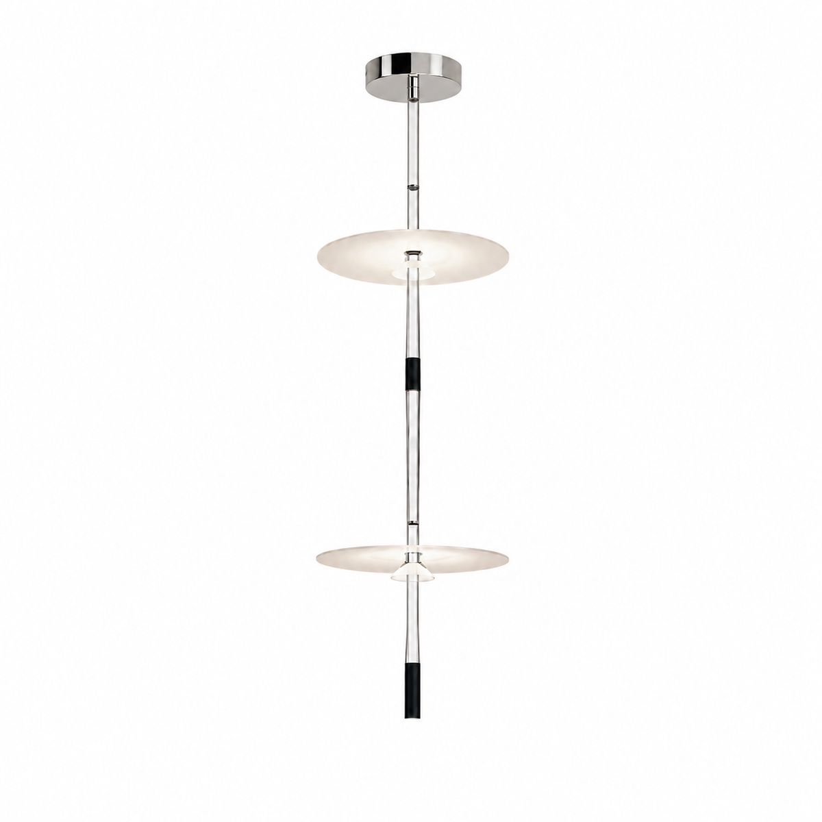 Silver pendant light with two illuminated white diffuser discs, slender vertical rods, and black accents against a white background.