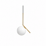 Pendant light with a white globe shade, angled gold-tone stem, and black suspension cord against a white background.