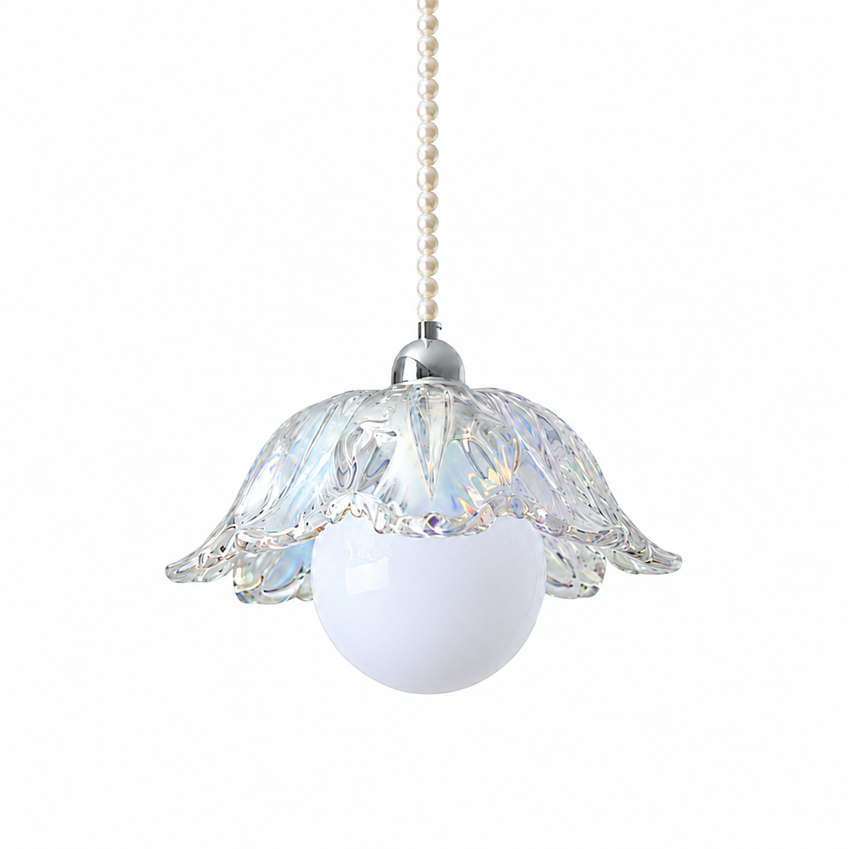 Pendant light with a clear scalloped glass shade, white globe, chrome fitting, and cream beaded suspension against a white background.