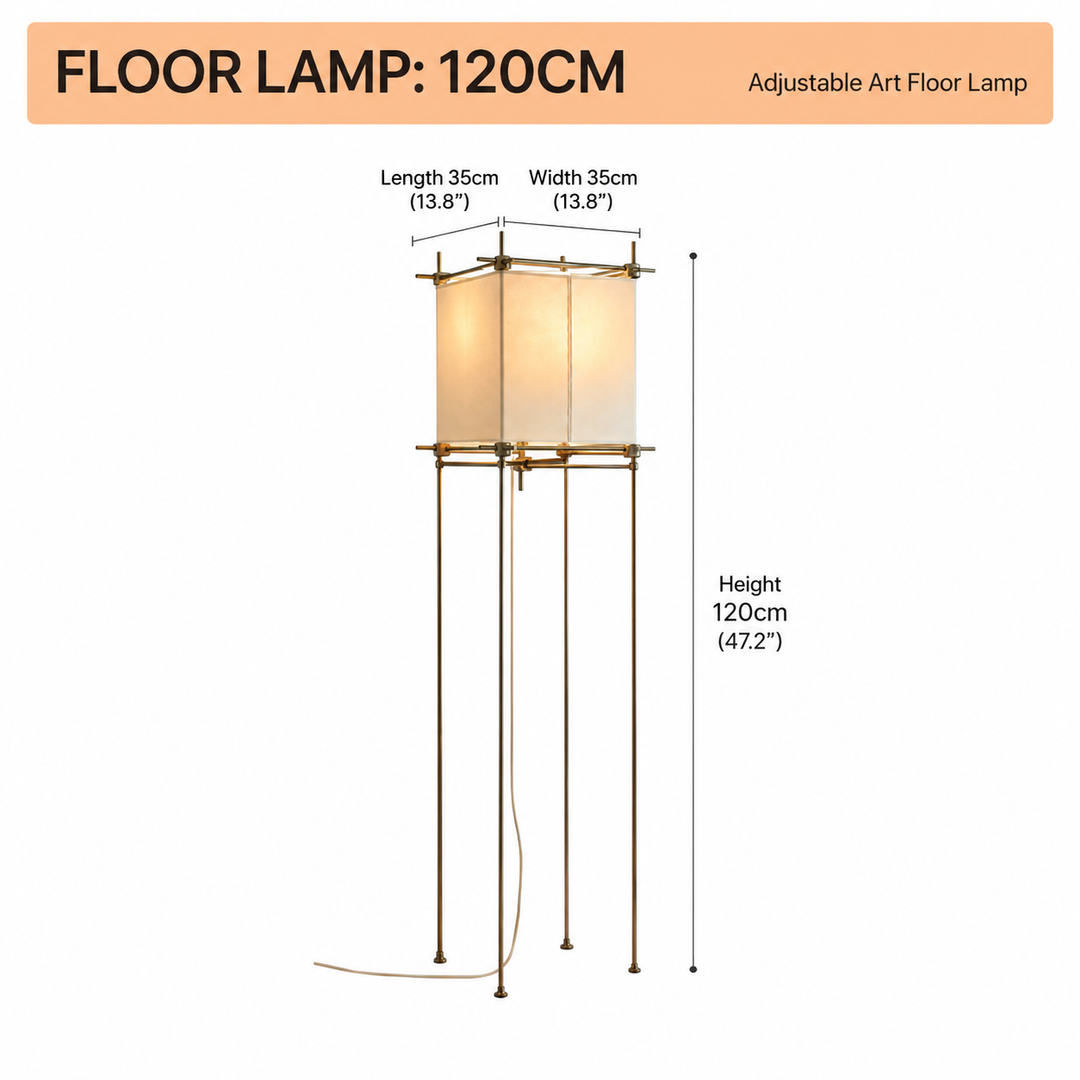 Adjustable art floor lamp with a square illuminated shade and slim metal stand, shown with dimension labels indicating 120cm height, 35cm length, and 35cm width on a white background.