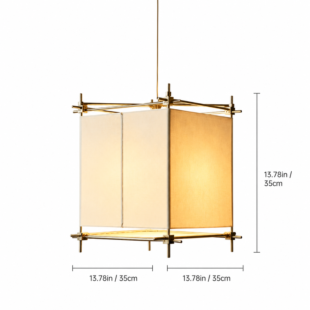 A cream fabric hanging lamp with a gold-toned frame appears on white with dimension labels reading 13.78 inches or 35 centimeters.