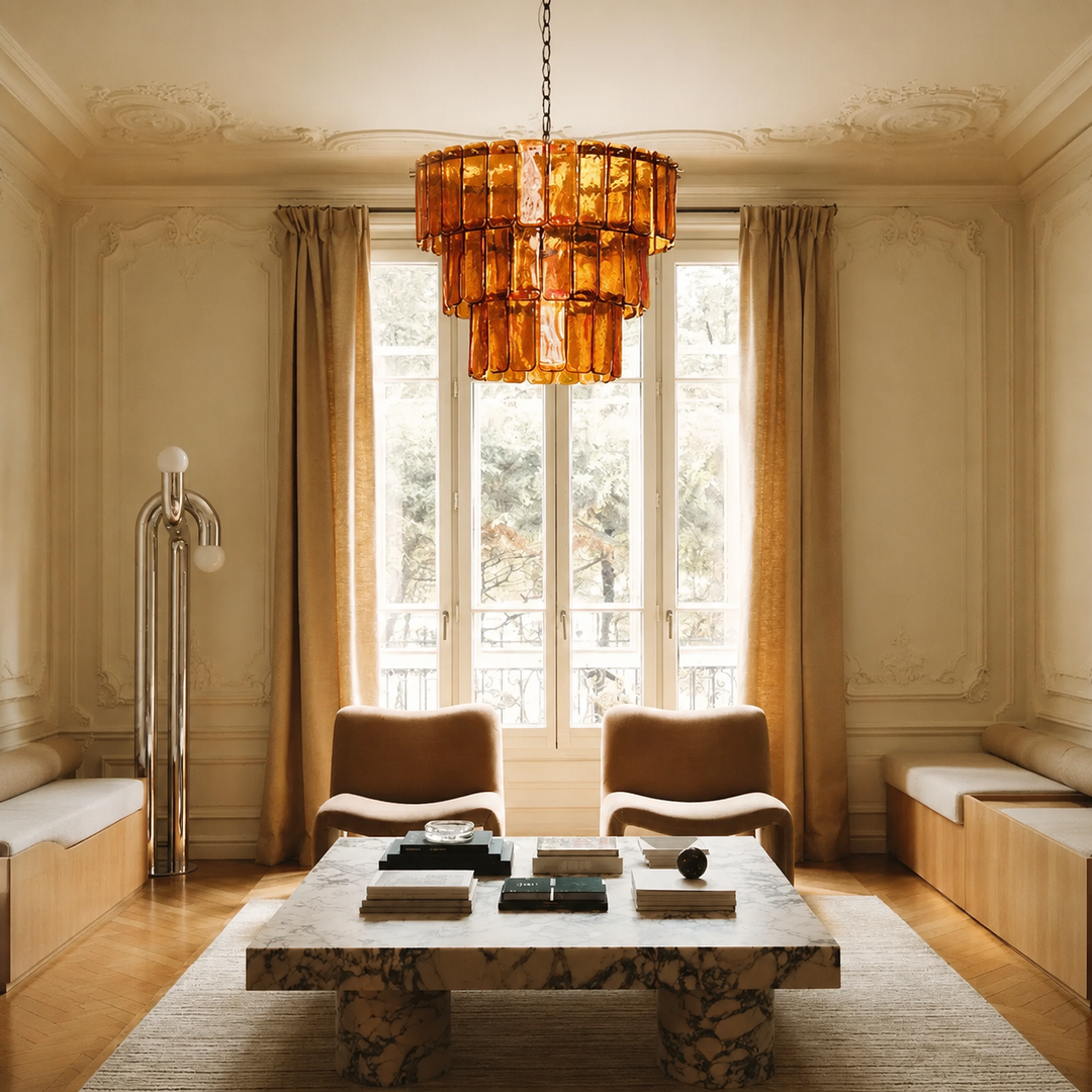 An amber glass tiered chandelier hangs in a luxurious cream-colored room with classical moldings, large windows with beige drapes, two tan armchairs, a marble coffee table, and a tall chrome floor lamp.