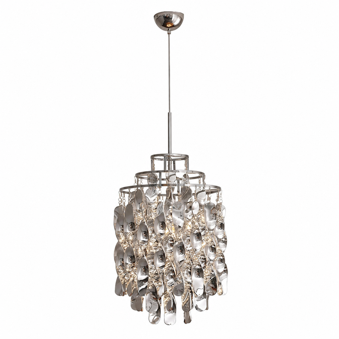 Chrome pendant light with tiered rings and hanging acrylic spirals, suspended from a matching ceiling canopy against a white background.