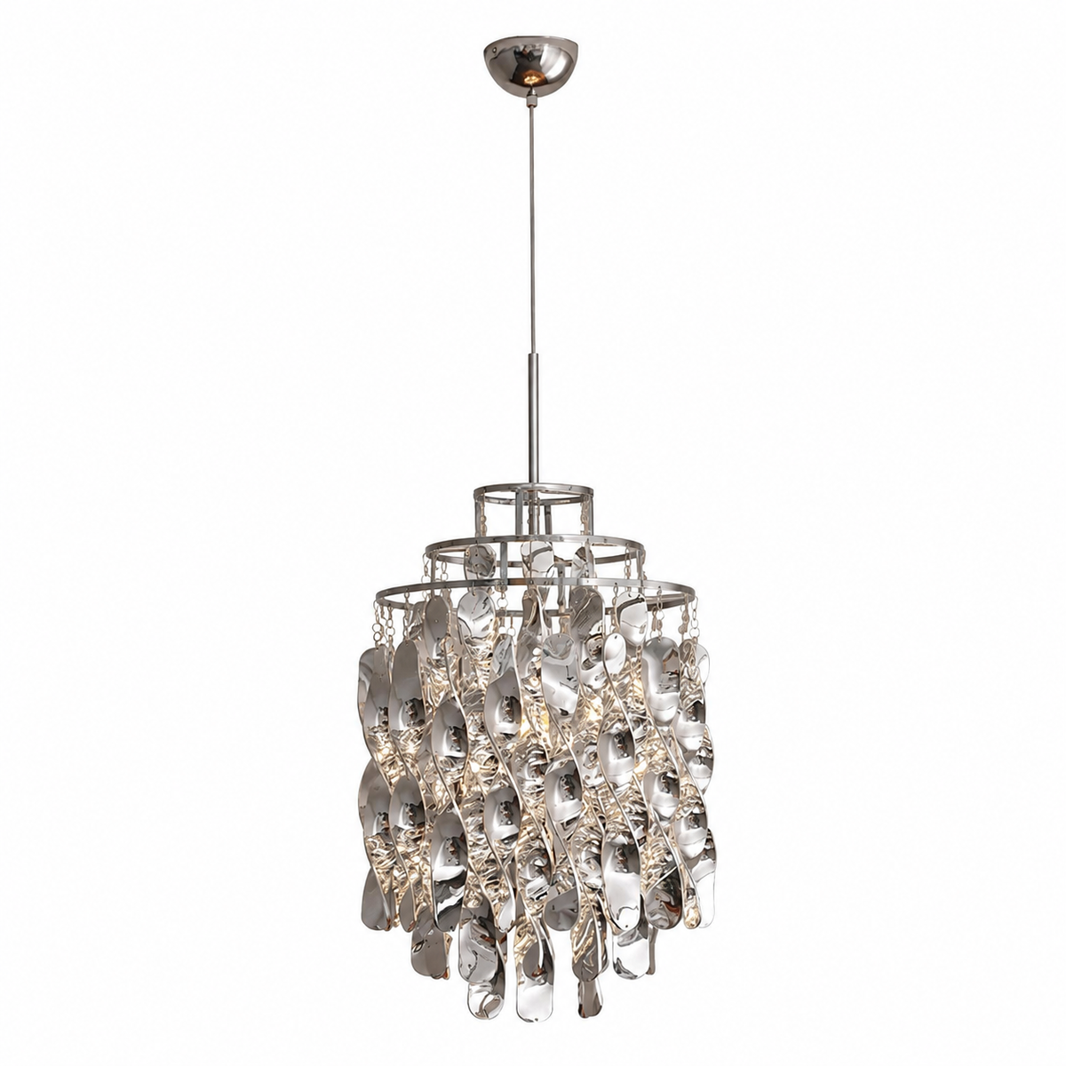 Chrome pendant light with tiered rings and hanging acrylic spirals, suspended from a matching ceiling canopy against a white background.