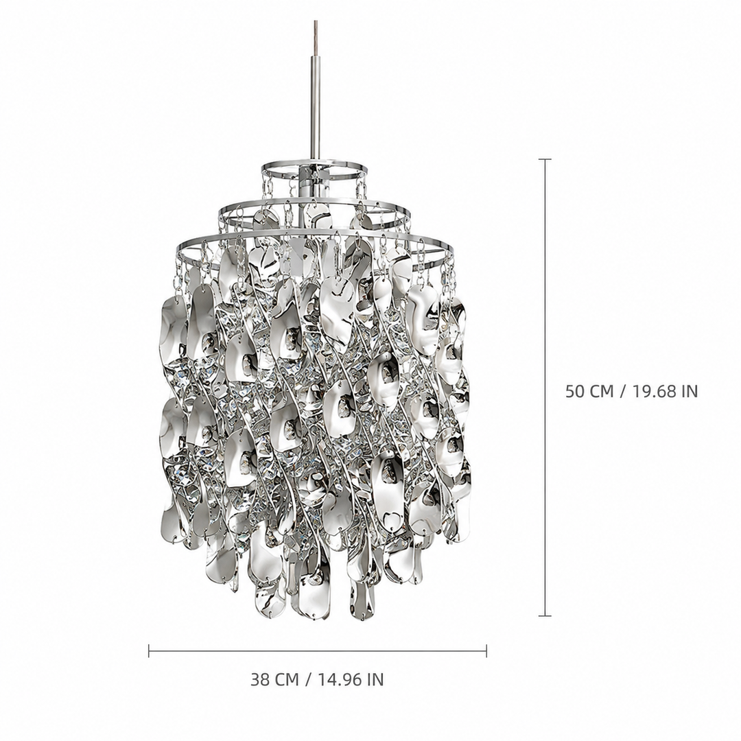 Chrome acrylic spiral pendant light on a white background, with size labels showing 38 cm width and 50 cm height.