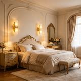 Two warm white LED wall sconces with gold backplates and frosted pill shades above a cream classic bedroom