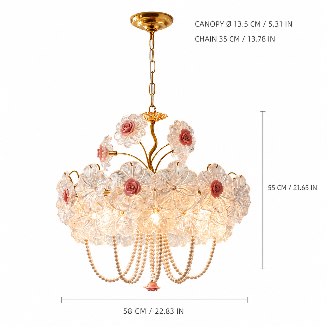 A gold and clear glass chandelier with pink rose accents, shown with dimension lines and text indicating canopy diameter, chain length, and overall height on a white background.