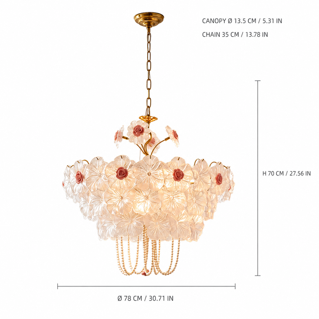 A multi-light chandelier with textured glass flower shades and gold-toned metal hardware, shown with dimension lines and text indicating canopy diameter, chain length, overall height, and overall diameter on a white background.