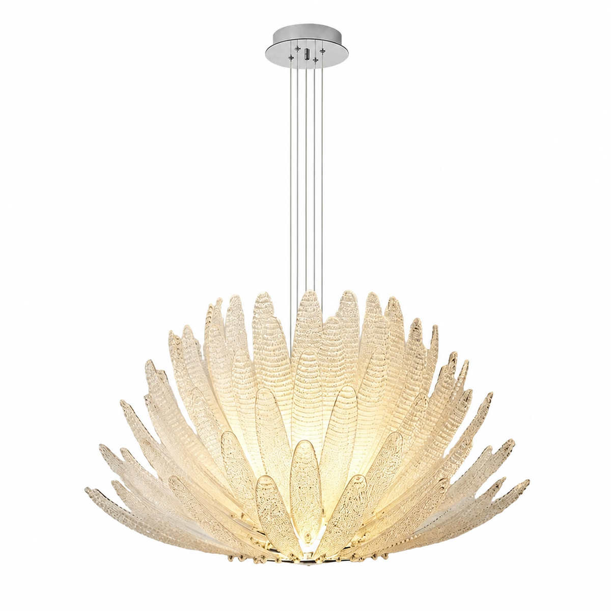 A modern multi-light linear chandelier with a circular silver ceiling canopy and suspension rods, featuring a large, sunburst-shaped glass shade made of textured, warm-white illuminated petal-like glass elements.