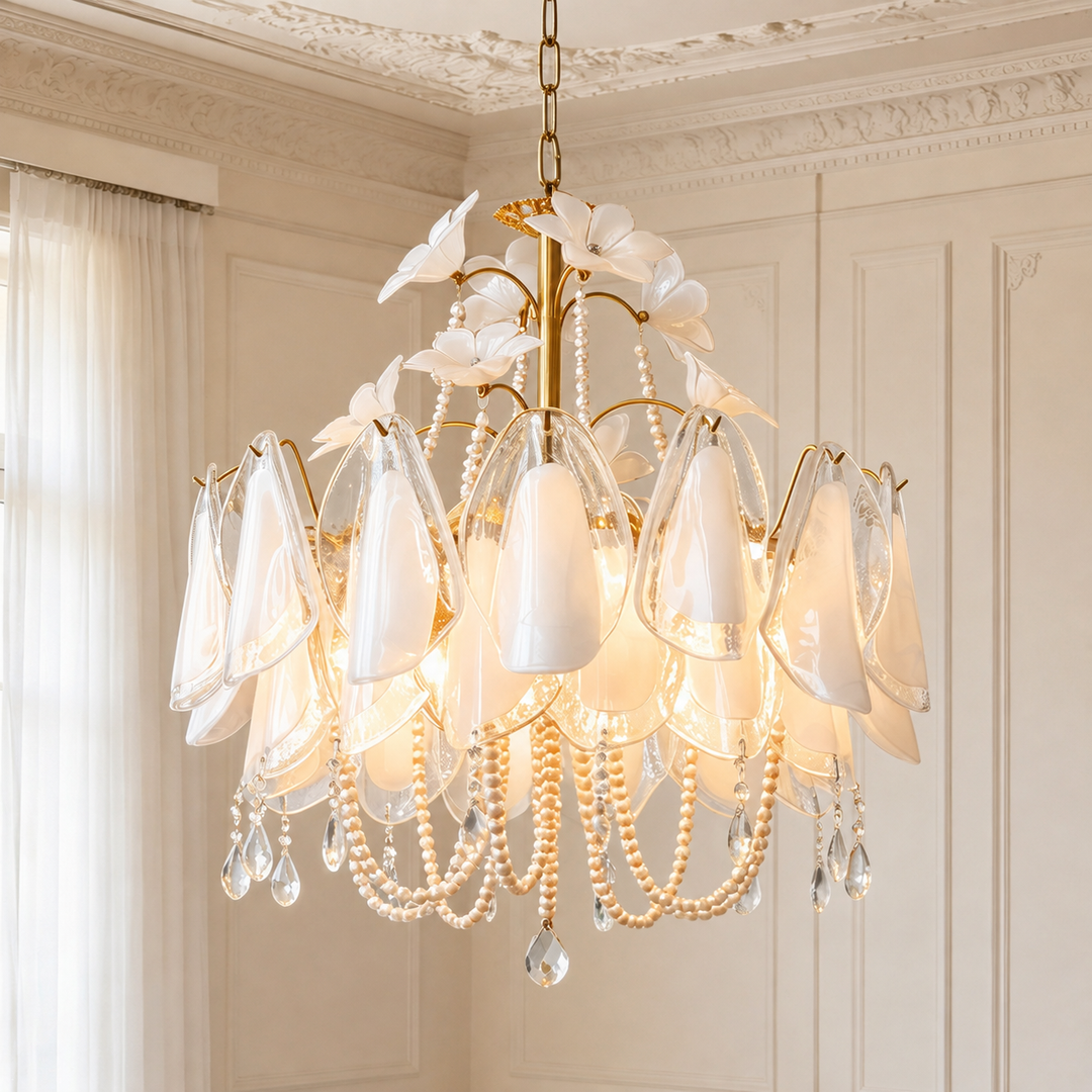 A luxury chandelier with a gold-tone metal frame, white glass teardrop shades, and cascading pearl bead strands with crystal drops, hanging in an elegant cream-colored room.