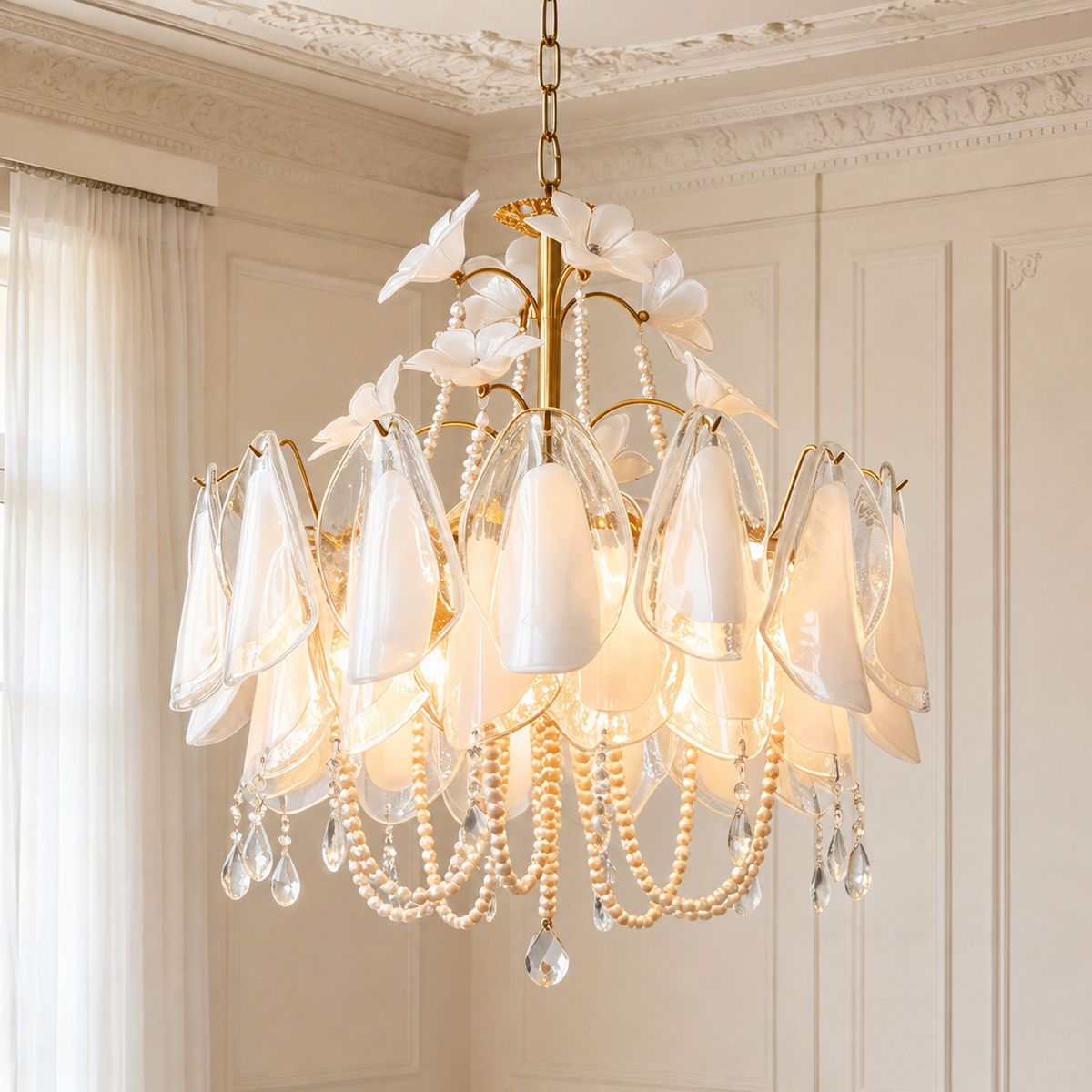 A luxury chandelier with a gold-tone metal frame, white glass teardrop shades, and cascading pearl bead strands with crystal drops, hanging in an elegant cream-colored room.