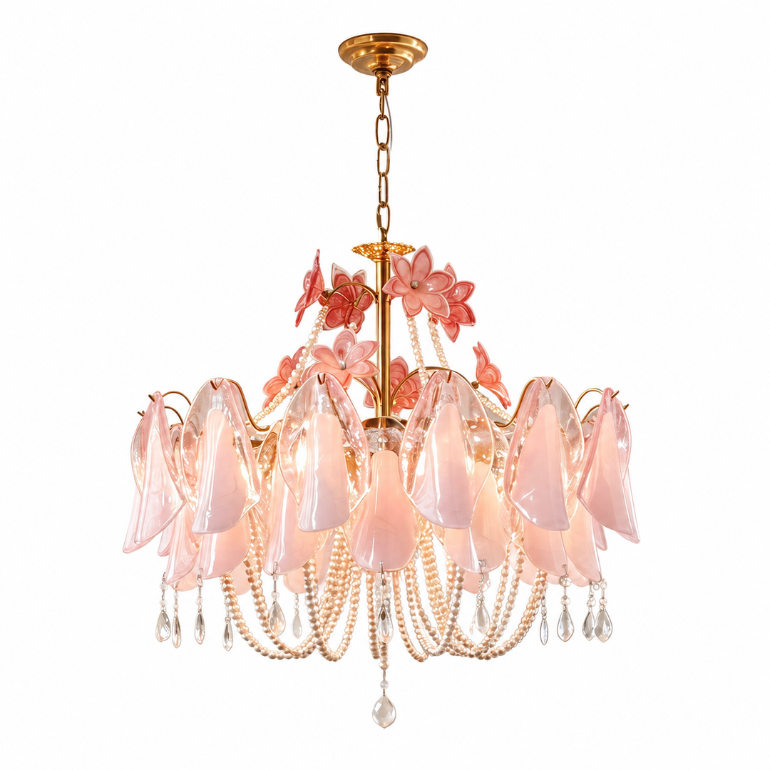 A 5-light chandelier featuring blush pink glass flower-shaped shades, a gold-finished metal frame, decorative pink glass leaves, and cascading pearl bead strands with clear crystal drops, shown against a solid white background.