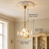Gold pendant light with white glass flowers hangs beneath a ceiling medallion, with labels showing 35 cm diameter and 50 cm height.