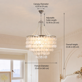 A crystal chandelier with a silver-toned canopy and frame, adorned with clear glass beads and hanging teardrop crystals, shown in a decorated room with overlaid dimension labels for canopy diameter, adjustable cable length, overall height, and fixture diameter.