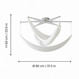 White and silver chandelier on a white background with labels showing 80 cm diameter and 60 cm height, or 31.5 by 23.6 inches.