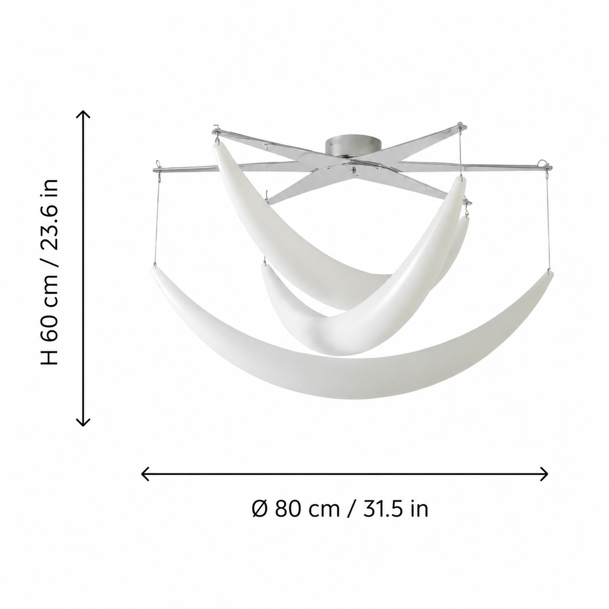 White and silver chandelier on a white background with labels showing 80 cm diameter and 60 cm height, or 31.5 by 23.6 inches.