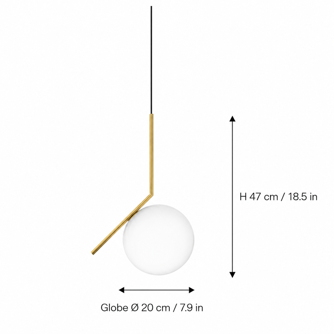 A minimalist pendant light with a white spherical globe shade, a gold-tone angled support rod, and a black hanging cord, shown with dimension arrows and labels indicating height of 47 cm and globe diameter of 20 cm on a white background.